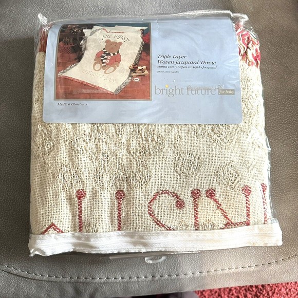 Bright Future My First Christmas Teddy Bear Jacquard Woven Throw Cotton NEW - Picture 2 of 5